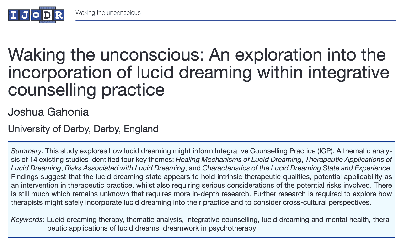 Header of the published paper "Waking the unconscious: An exploration into the incorporation of lucid dreaming within integrative counselling practice" by Joshua Gahonia, International Journal of Dream Research