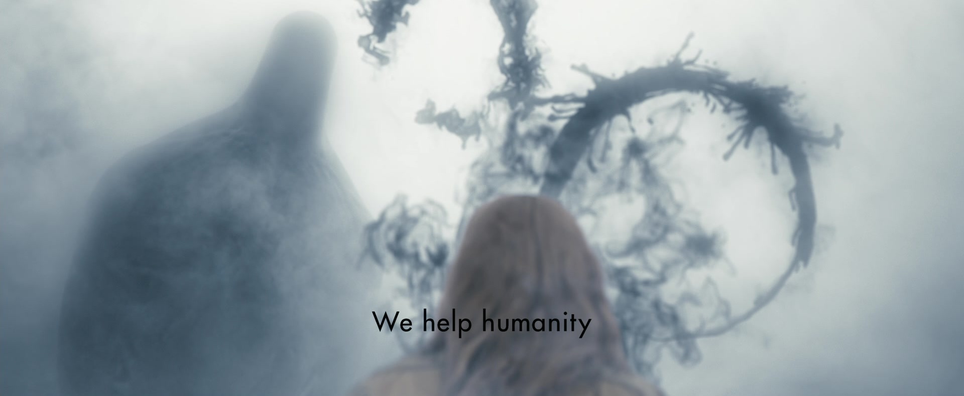 A woman from behind facing a shadowy alien figure in white mist, with a circular ink-like symbol forming in the air; the subtitle reads "We help humanity".